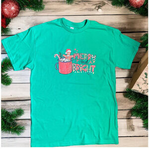 Merry and Bright Christmas Tee Unisex Small Green with Gingerbread‎ man graphic